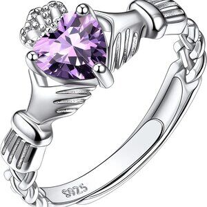 925 Sterling Silver Good Luck Celtic Twisted Knot/Claddagh Heart Birthstone Ring
